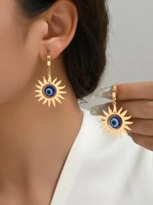 1對哥特式朋克風格金屬質感向日葵和邪惡之眼設計吊墜耳環適合女士,派對首飾類禮品 - 彩色 - 查看 4