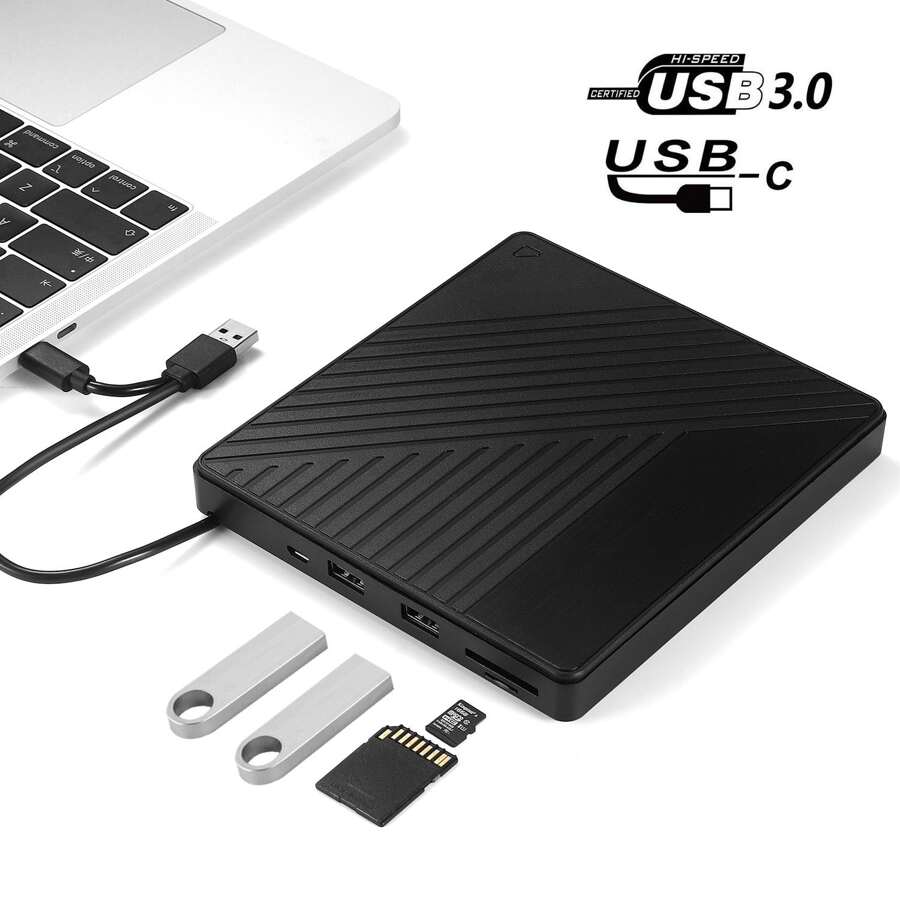External CD DVD Drive, USB 3.0 & Type C DVD/CD ROM Burner, CD DVD +/-RW Optical Disk Drive Reader, With USB And TF/SD Slots Slim Portable Writer Player For Laptop Windows 11 10 PC Linux OS - Black - View 1