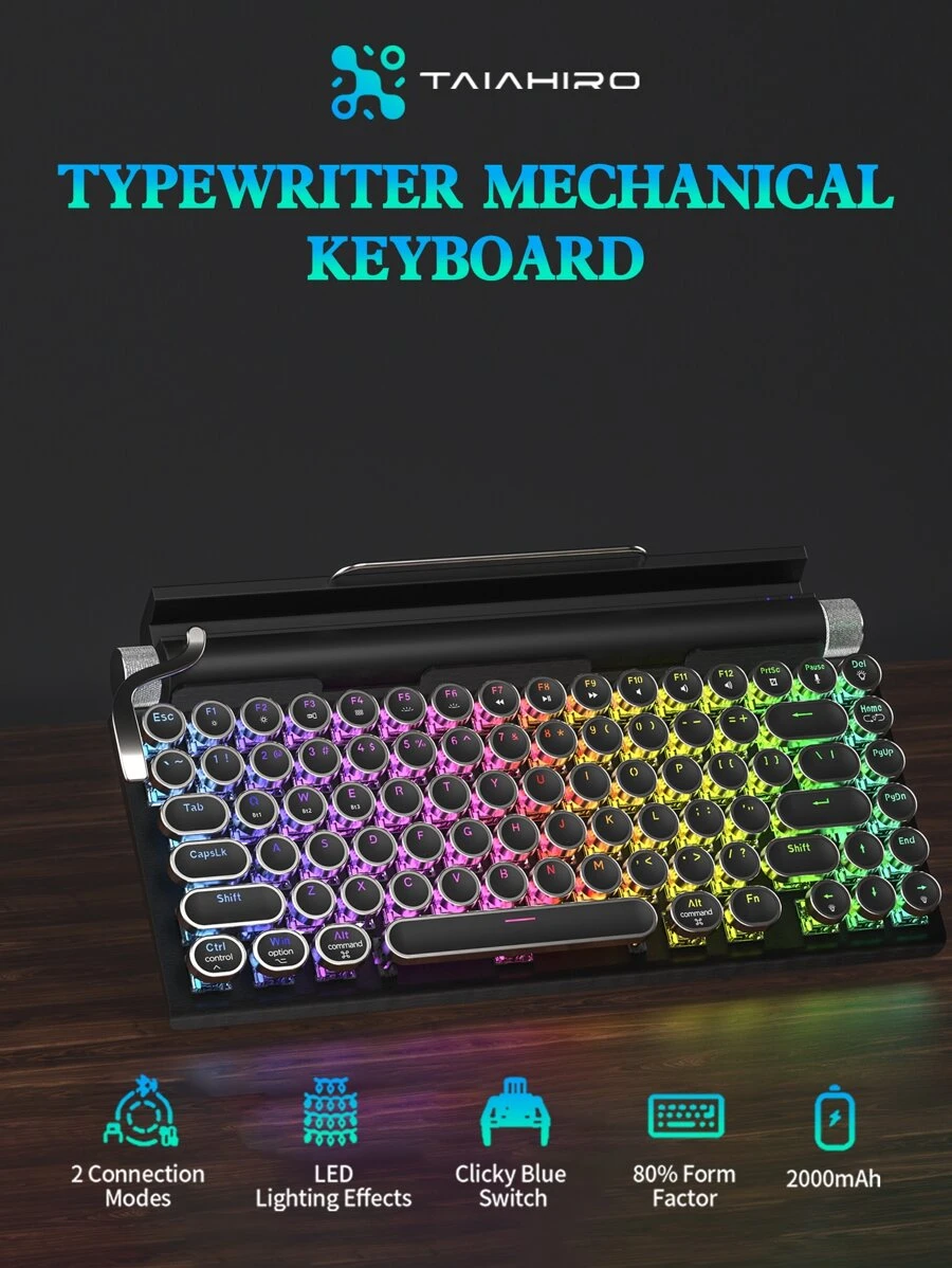 Taiahiro Mechanical Keyboard  Wireless, Retro Typewriter Keyboard 83 Keys Mechanical Gaming Vintage Keyboard Blue Switches Punk Round Keycaps, 14 Modes LED Backlit, Type-C, Compatible With PC/Laptop/Pad/Phone, Black - Black - View 1