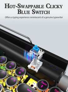 Taiahiro Mechanical Keyboard  Wireless, Retro Typewriter Keyboard 83 Keys Mechanical Gaming Vintage Keyboard Blue Switches Punk Round Keycaps, 14 Modes LED Backlit, Type-C, Compatible With PC/Laptop/Pad/Phone, Black - Black - View 6