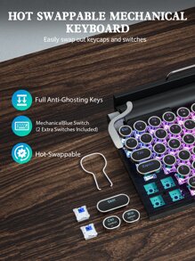 Taiahiro Mechanical Keyboard  Wireless, Retro Typewriter Keyboard 83 Keys Mechanical Gaming Vintage Keyboard Blue Switches Punk Round Keycaps, 14 Modes LED Backlit, Type-C, Compatible With PC/Laptop/Pad/Phone, Black - Black - View 9