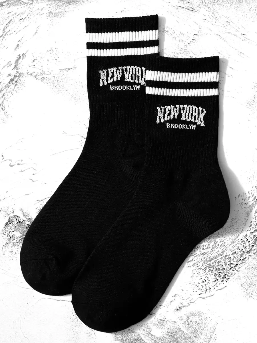 Men Striped & Letter Graphic Crew Socks, Fall - Black and White - View 1