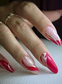 24 片长杏仁形不对称波纹勃艮第法式闪亮波纹线派对美甲片佩戴假指甲+1 条摩擦条+1 瓶果冻胶 - 彩色 - 查看 1