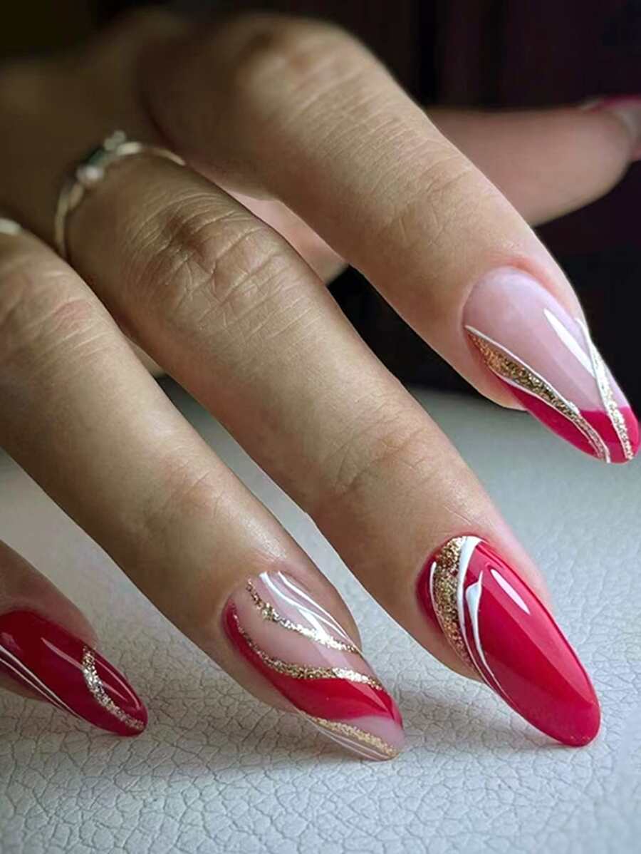 24 片长杏仁形不对称波纹勃艮第法式闪亮波纹线派对美甲片佩戴假指甲+1 条摩擦条+1 瓶果冻胶 - 彩色 - 查看 1