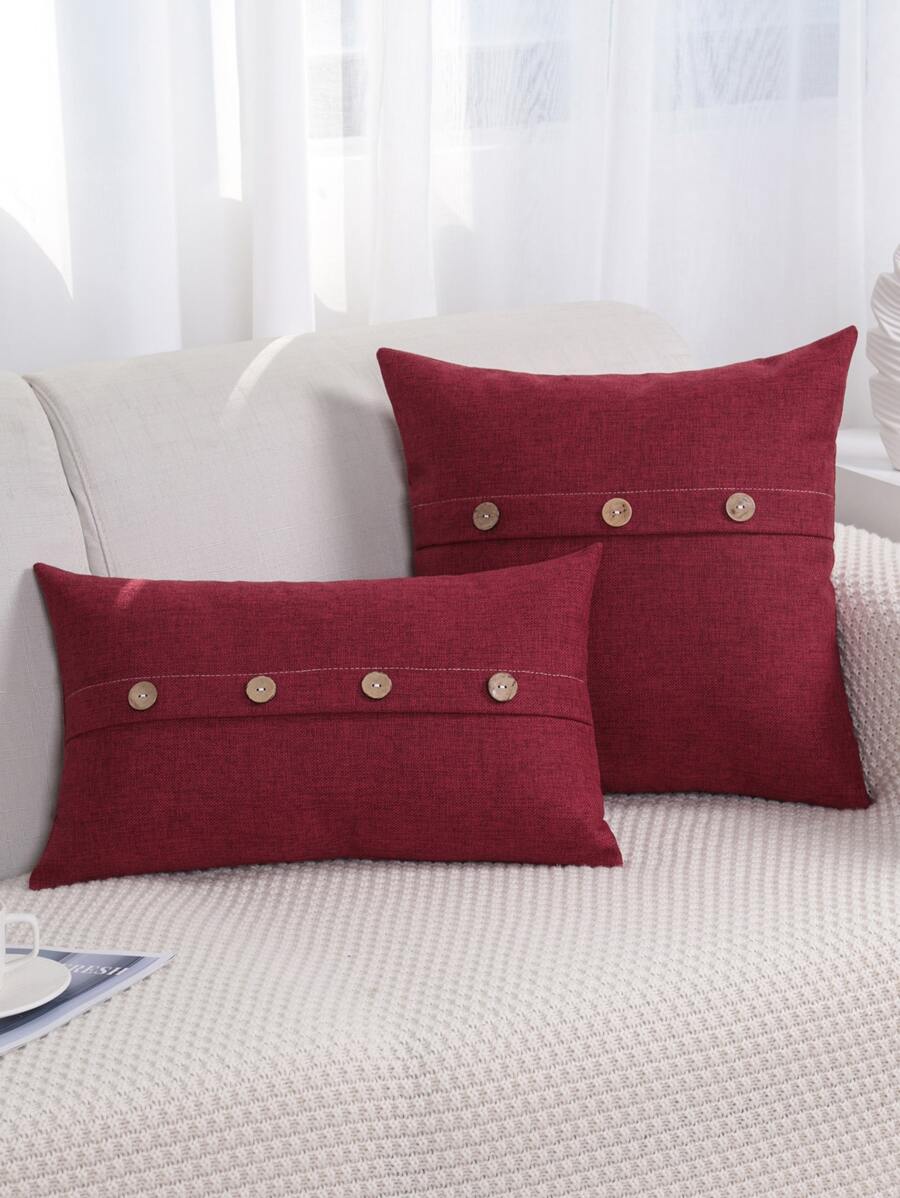 1個鈕扣裝飾靠墊套（不含內芯）,布料裝飾靠墊套,適用於客廳家飾 - 酒紅色 - 查看 1