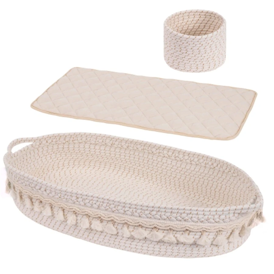 Baby Changing Basket, Handmade Woven Cotton Rope Moses Basket, Changing Table Topper with Mattress Pad - White - View 1