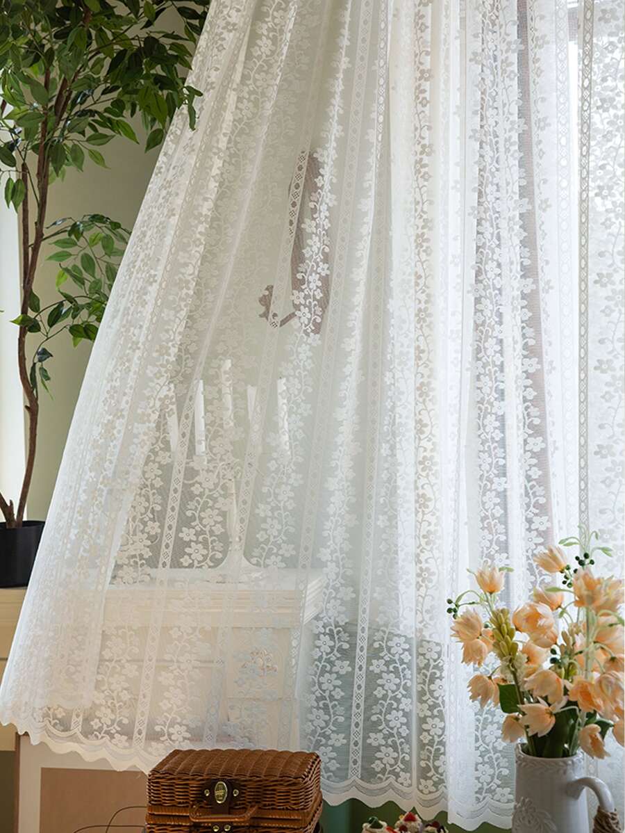 Lãng mạn Tiếng Pháp Quốc gia Phong cách Thêu Hoa mỏng Rèm Với Ren trắng Lưới Đối với Cửa sổ Tách biệt Và Tủ , Khoan Cài đặt , Phòng ngủ , 1 Bảng Với Dán Túi - trắng - Xem 1