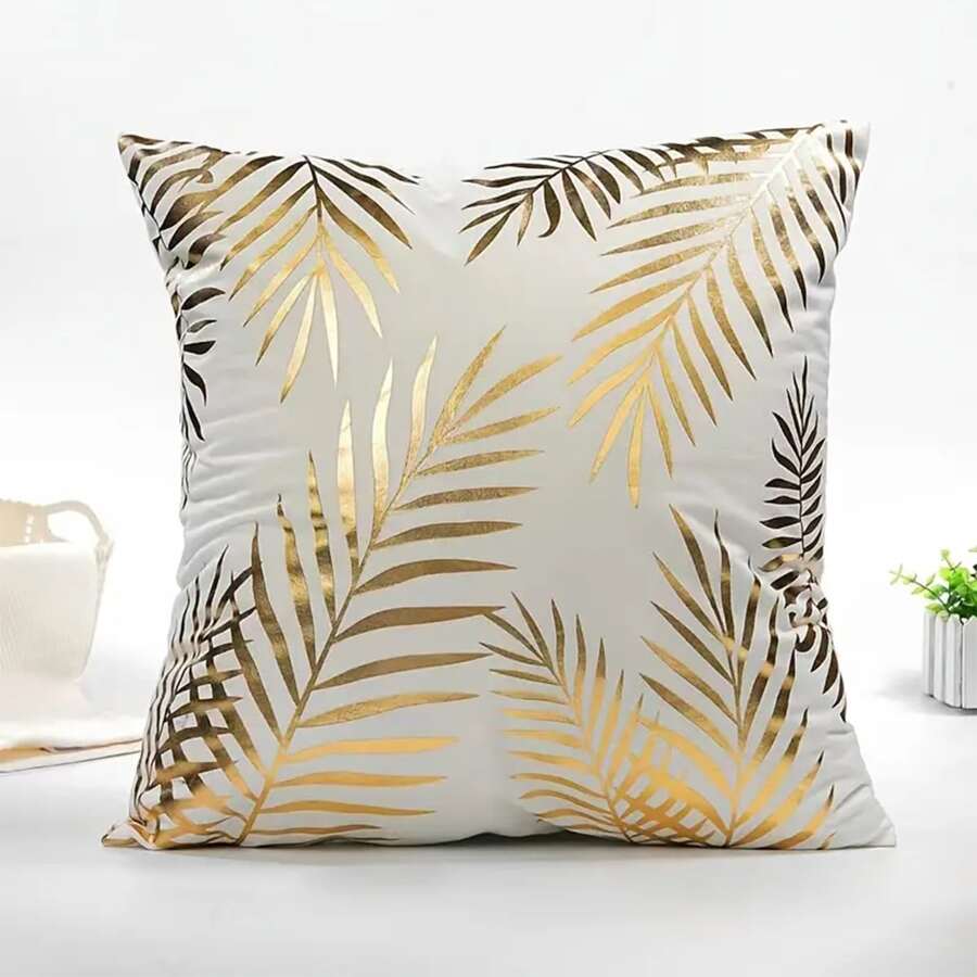1pc Gold Foil Printed Leaves Pattern Pillow Case - White - View 1