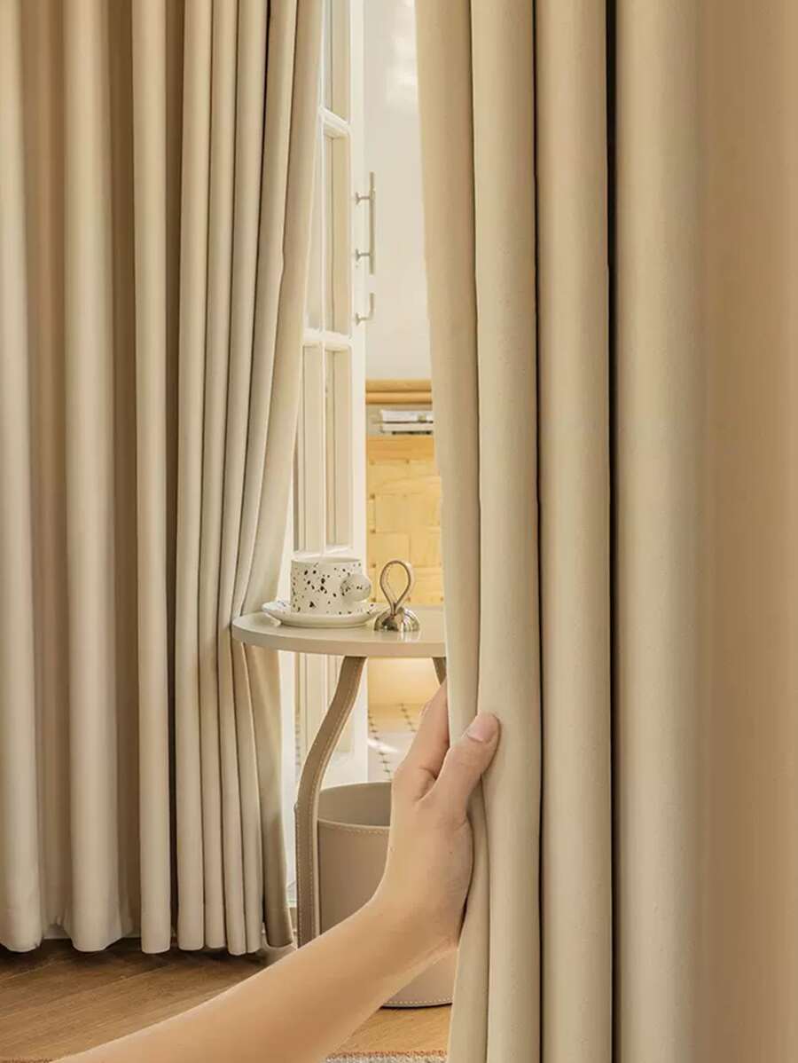 Modern Simple Solid Color Blackout & Thermal Insulated Curtains For Bedroom, Living Room (2pcs) - Beige - View 1