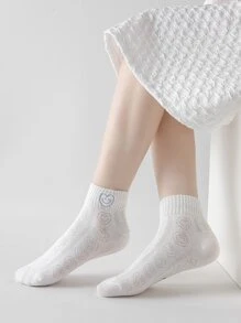 6 双什锦女童袜子，带有卡通草莓、蝴蝶结、笑脸、兔子、熊图案，精致刺绣，透气网眼面料短袜适合日常穿着 - 彩色 - 查看 6