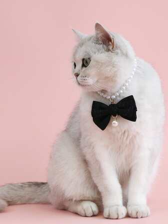 黑色蝴蝶結和人造珍珠寵物項鍊