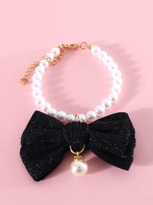 Black Bow & Faux Pearl Pet Necklace - Black - View 2