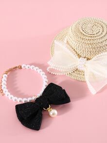 Black Bow & Faux Pearl Pet Necklace - Black - View 3
