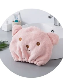 1 件粉色毛巾，卡通可爱纤维熊刺绣干发帽，适用于家庭浴室装饰