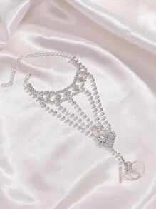 新娘鑲鑽戒指和手鍊通過鍊式婚禮配飾連接，適用於舞台表演服裝、手鍊或腳鍊 - 銀色 - 查看 4