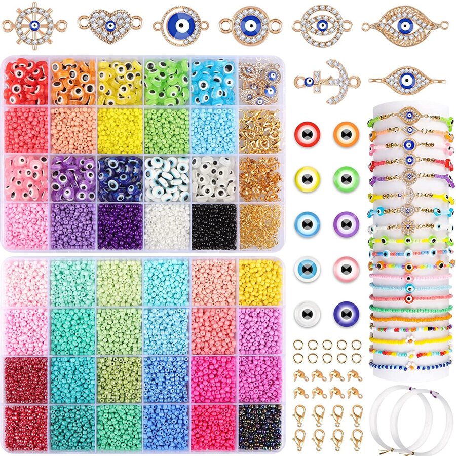 2 cajas kit de pulseras de cuentas de mal de ojo, cuentas de semillas de cristal de 0.118 in para hacer joyas, amuleto de ojo malvado de color dorado para hacer pulseras, cuentas pequeñas de 34 colores para mujeres y niñas, manualidades, regalo de bricolaje - Multicolor - Ver 1