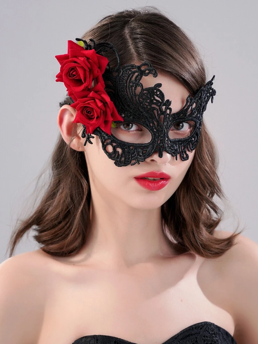 1入組女士們紅色花眼膜帶黑色時尚臉部頭紗 - 黑色 - 查看 1