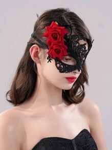 1入組女士們紅色花眼膜帶黑色時尚臉部頭紗 - 黑色 - 查看 6