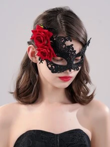 1入組女士們紅色花眼膜帶黑色時尚臉部頭紗 - 黑色 - 查看 2