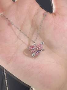 1入組Y2K鋅合金銀顏色玻璃水鑽裝飾心形墜飾項鍊適合女士適用於約會禮物 - 銀色 - 查看 5