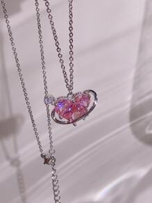 1入組Y2K鋅合金銀顏色玻璃水鑽裝飾心形墜飾項鍊適合女士適用於約會禮物 - 銀色 - 查看 6
