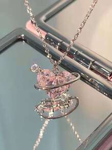 1入組Y2K鋅合金銀顏色玻璃水鑽裝飾心形墜飾項鍊適合女士適用於約會禮物 - 銀色 - 查看 1