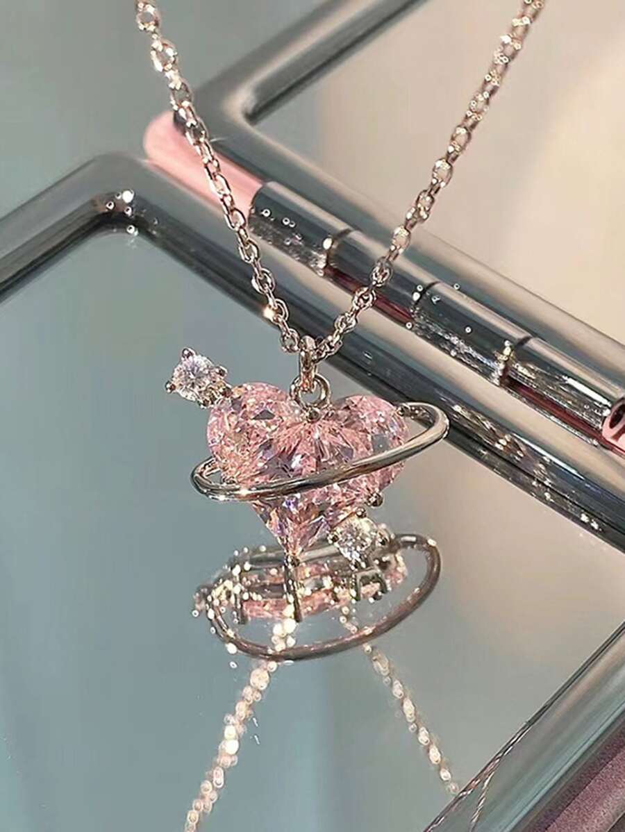 1入組Y2K鋅合金銀顏色玻璃水鑽裝飾心形墜飾項鍊適合女士適用於約會禮物 - 銀色 - 查看 1