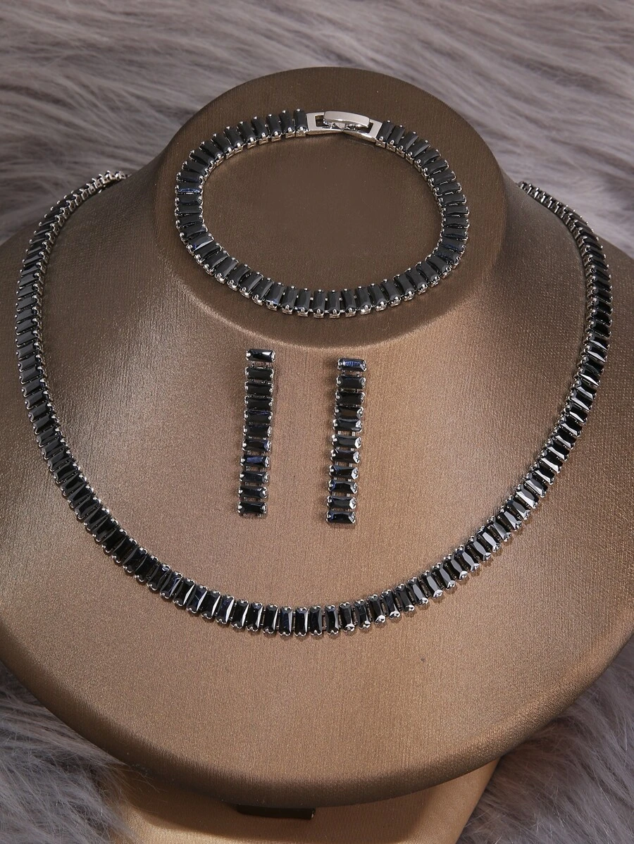 3入組/套方晶鋯石鑲嵌項鍊,手環和耳環,理想適用於女士婚禮和派對 - 黑色 - 查看 1
