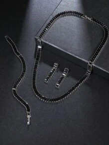 3入組/套方晶鋯石鑲嵌項鍊,手環和耳環,理想適用於女士婚禮和派對 - 黑色 - 查看 4