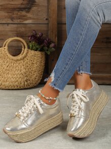 Giày trượt patin Espadrille phía trước bằng kim loại cho nữ, Giày thể thao ngoài trời thông thường - Vàng - Xem 2