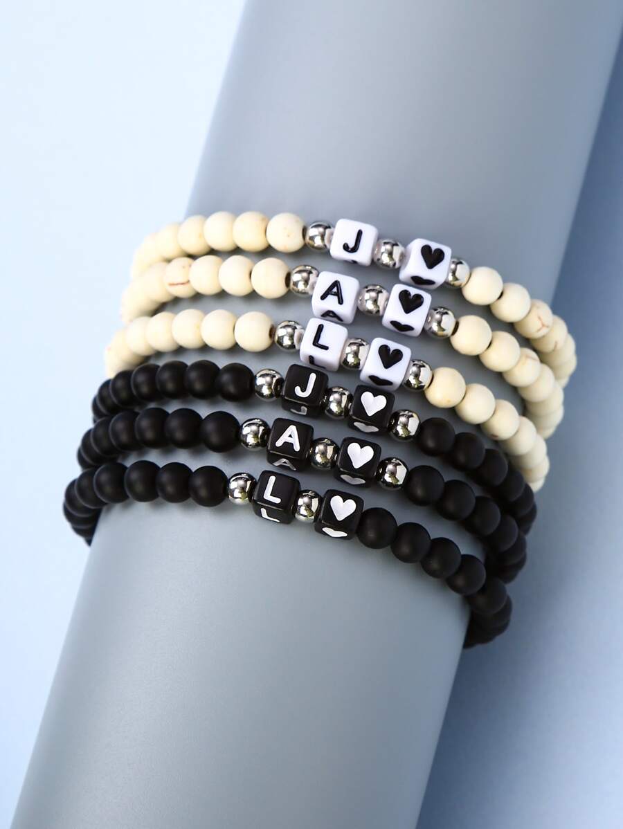 2 Cái/bộ DIY Tùy Chỉnh Tên Trang Sức Đính Hạt Trắng Đen Đính Hạt Vuông 26 Chữ Cái Trái Tim Vòng Tay Cặp Đôi Cho Bạn Gái Tặng - Nhiều màu - Xem 1