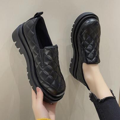 Fashion Black Shoes For Women, Quilted Slip On Flatform Loafers