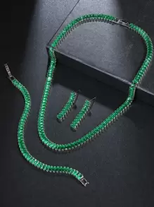 3pcs/set Cubic Zirconia Inlaid Rectangle Shape Necklace, Bracelet And Earrings, Suitable For Women's Wedding Party - Green - View 4