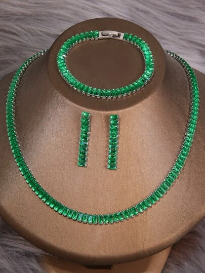 3入組/套方晶鋯石鑲嵌矩形造型項鍊,手環和耳環,適用於女士婚禮派對