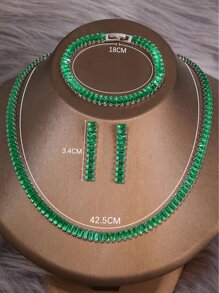 3pcs/set Cubic Zirconia Inlaid Rectangle Shape Necklace, Bracelet And Earrings, Suitable For Women's Wedding Party - Green - View 5