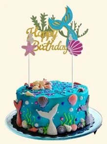 1pc Double Layer Mermaid Tail, Seashell, Starfish Birthday Party Cake Topper - Multicolor - View 2