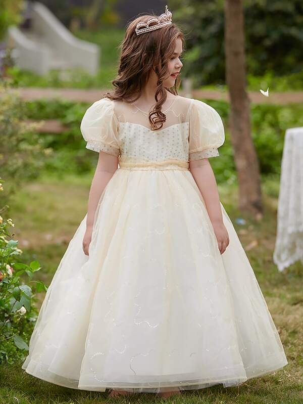 Tween Girls' Formal Dress, Long Mesh Sequin Ball Gown With Bubble