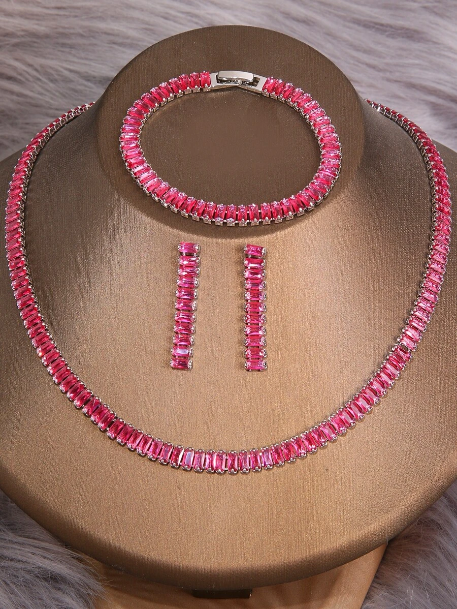 3入組/套鑲嵌矩形吊墜項鍊,手環,和耳環,適用於女士婚禮和派對 - 玫紅色 - 查看 1