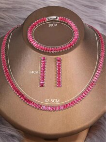 3入組/套鑲嵌矩形吊墜項鍊,手環,和耳環,適用於女士婚禮和派對 - 玫紅色 - 查看 4