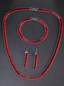 3 teiliges verziertes rechteckiges Schmuckset – Halskette, Armband, Ohrringe, geeignet für Damenhochzeit, Party