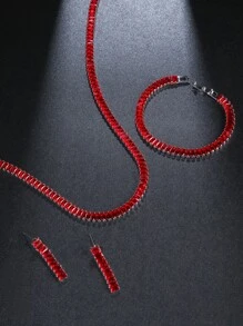 3 teiliges verziertes rechteckiges Schmuckset – Halskette, Armband, Ohrringe, geeignet für Damenhochzeit, Party