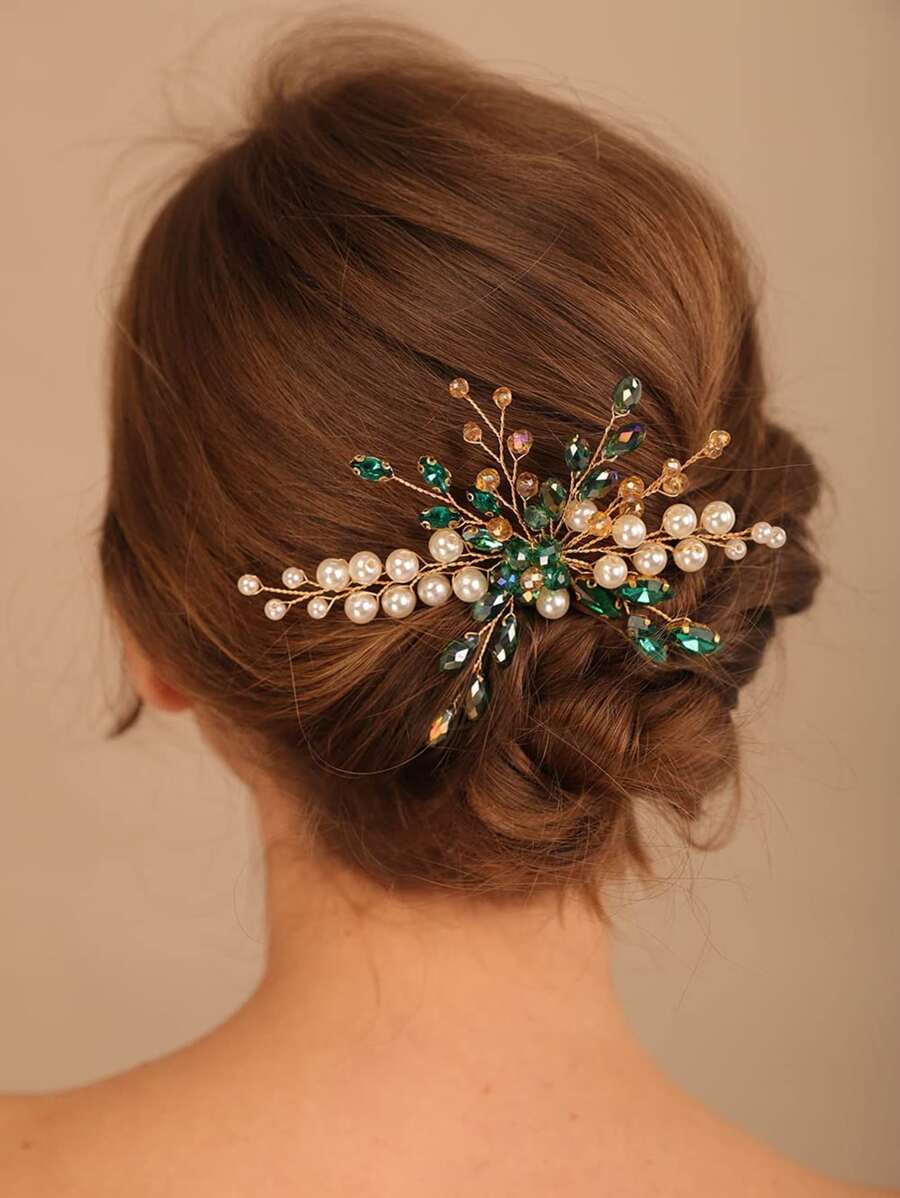 1入組女士綠水晶梳子,髮夾,頭飾 - 綠色 - 查看 1