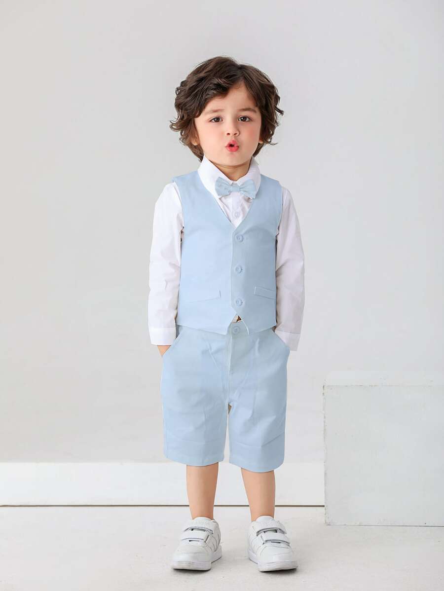 Đứa bé trai Nơ mặt trước Áo sơ mi & Áo khoác vest & Quần short - Xanh và trắng - Xem 1