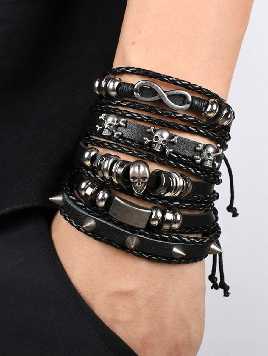 punky moda de hombres negro de cráneo picos de PUlsera Set pulsera - Negro - Ver 1