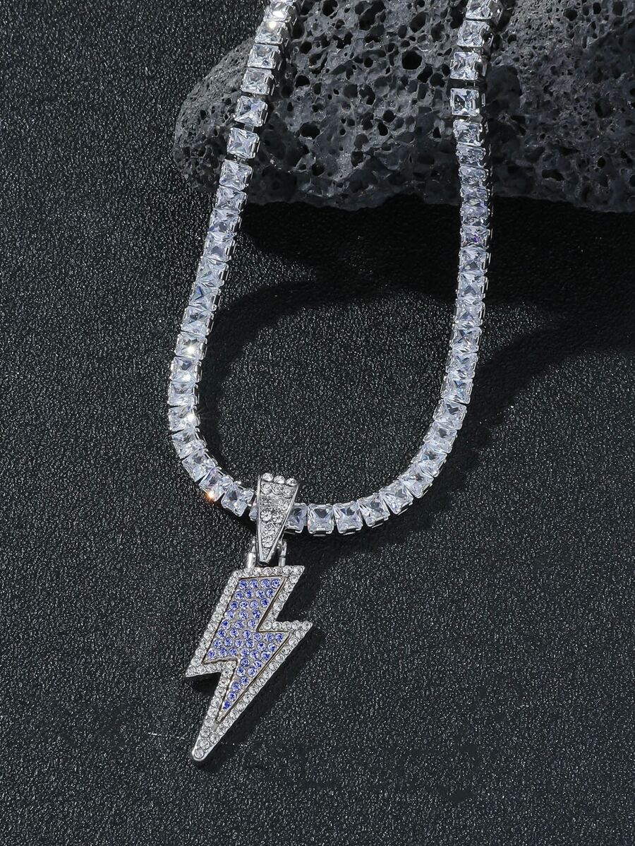 1 件男士闪电钻石发光吊坠项链 - 优雅简约项链适合男女，时尚珠宝，炫酷设计，经典配饰，新年礼物 - 銀色 - 查看 1