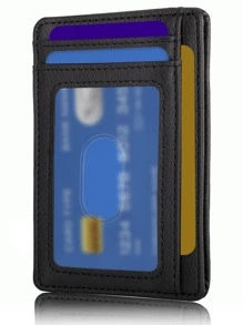Cartera de bolsillo frontal delgada Travel Malist con bloqueo RFID con relieve de lichi, color negro, liviana, portátil, para tarjetas de identificación, para trabajadores de cuello blanco, vacaciones, para aniversario, para regalo de cumpleaños, accesorios de regalo, portatarjetas de regalo, tarjetero, billetera, tarjetero de negocios, tarjetero de crédito para hombres, mini billetera, billetera para tarjetas