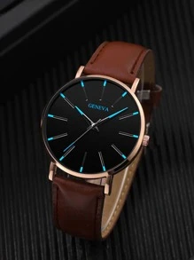 1 Đồng hồ thạch anh hợp thời trang dành cho nam với mặt số tỷ lệ cách điệu và dây đeo bằng da Pu làm quà tặng cho học sinh đi học trở lại - Cà phê nâu - Xem 1