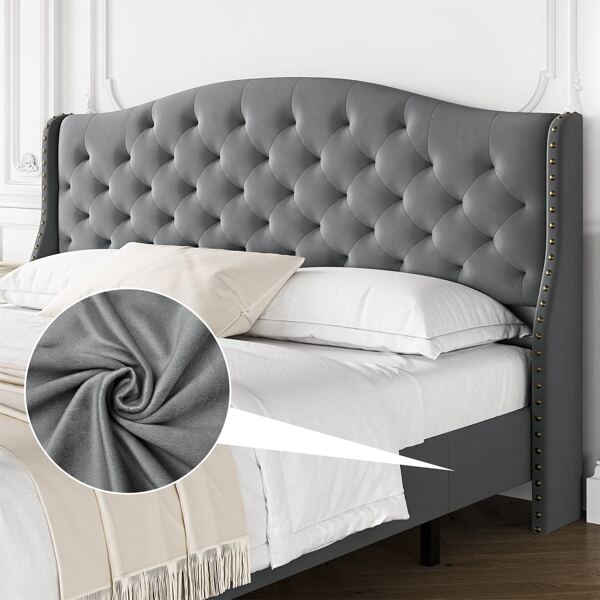 Tufted Upholstered Platform King Bed Frame with Headboard and Footboard, Velvet Platform Bed