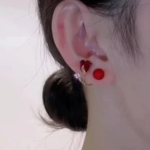1pc Red Rose Double Band Design Earring, Fashionable And Versatile Earring Stud For Brides