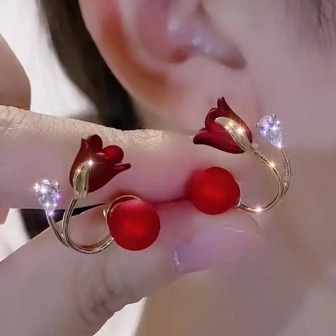 1pc Red Rose Double Band Design Earring, Fashionable And Versatile Earring Stud For Brides